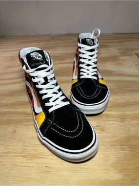 Vans High-Top Sneakers in Black with Red & Yellow Panels